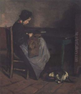 Nahendes Madchen Mit Katze - Hollandisches Interieur by Max Liebermann