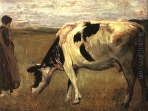 Strickendes Madchen Mit Kuh by Max Liebermann