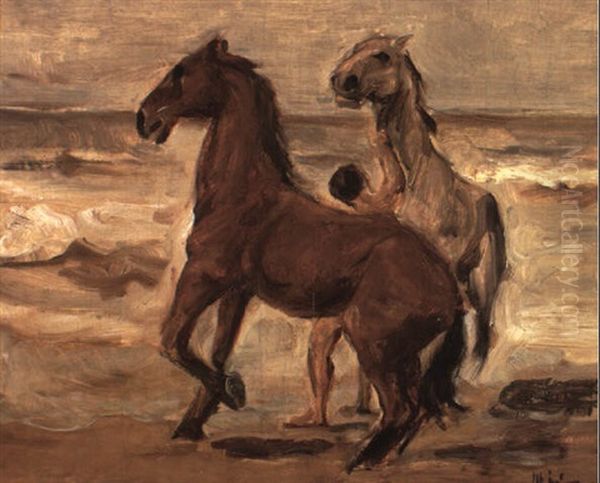 Pferdeknecht Mit Steigenden Pferden Am Strand - view 1