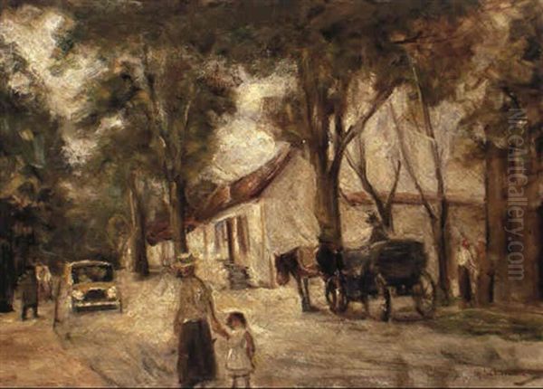 Allee In Wannsee Mit Spaziergangern, Einer Pferdedroschke Und Einem Automobil - view 1