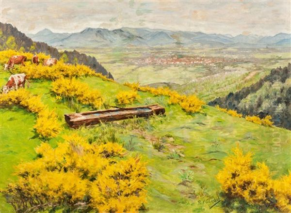 View Over Meadows With Flowering Brooms, In The Background View Of A City, Probably Furtwangen - view 1