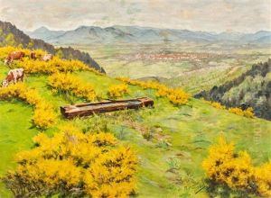 View Over Meadows With Flowering Brooms, In The Background View Of A City, Probably Furtwangen by Curt Liebich