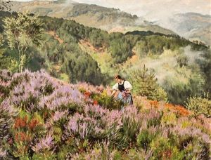 Heidelandschaft Mit Erika Pfluckendem Jungen Madchen by Curt Liebich