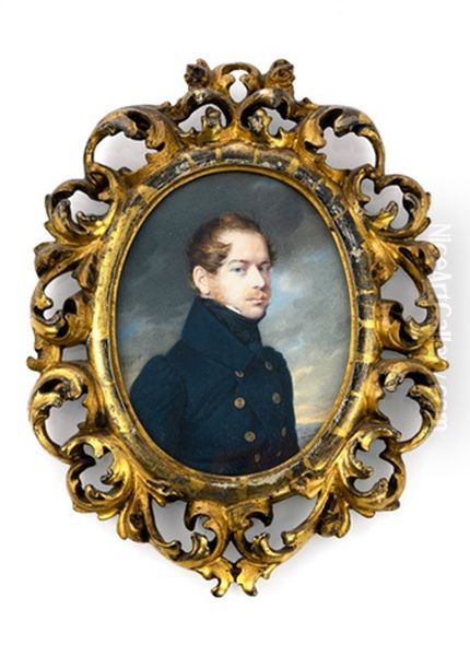 Portrait Des Ernst Freiherr Von Linden In Blauer Jacke Vor Landschaftshintergrund - view 1