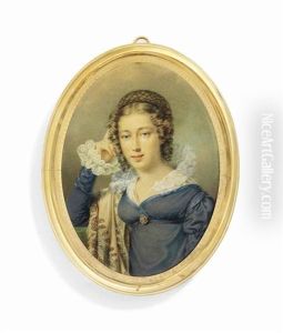 A Young Lady, In Blue Dress With White Gauze Upstand Collar And Double Lace Cuffs, Cameo Brooch Fastened At Corsage, White Cashmere Shawl Embroidered With Red And Blue by Friedrich Johann Gottlieb (Franz) Lieder