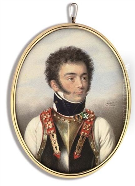 Johann Ritter Von Sterpin, In Uniform Of The Austrian Kurassier Regiment, White Coat With Black Collar And Stock, Red-bordered Gilt-mounted Steel Cuirass, Dark Curled Hair And Sideburns - view 1