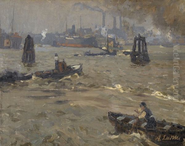 Industriehafen Mit Booten Und Dampfschiffen (+ Studie Zu Einem Gehoft Mit Baumen, Verso) - view 1