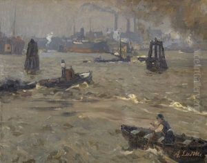 Industriehafen Mit Booten Und Dampfschiffen (+ Studie Zu Einem Gehoft Mit Baumen, Verso) by Alfred Liedtke