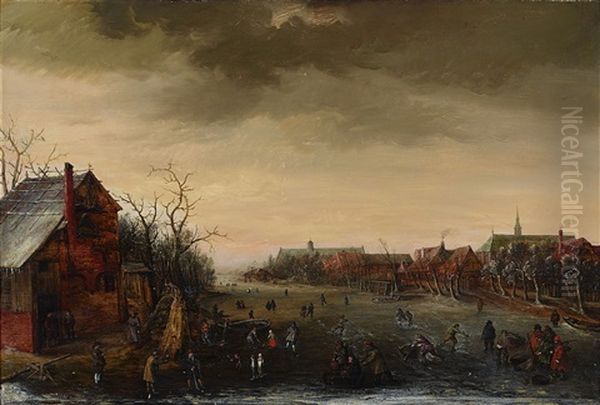 Skaters On Dutch Canal Landscape - view 1