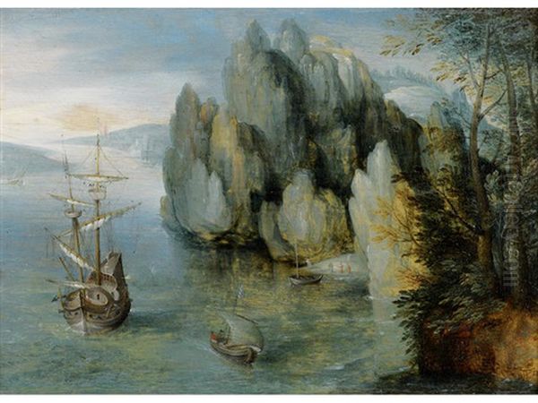 A Rocky Coastal Landscape With A Man-of-war Firing A Salute - view 1