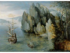 A Rocky Coastal Landscape With A Man-of-war Firing A Salute by Hans Liefrinck the Younger