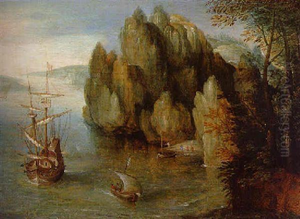 A Rocky Coastal Landscape With A Man-of-war Firing A Salute - view 1