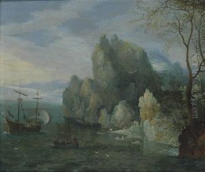 A Rocky Coastal Landscape With Figures On The Shore And A Moored Galley