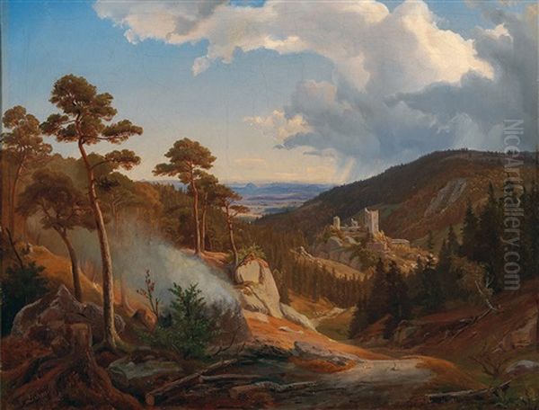 View Of The Riesenburg Ruins With Charcoal Burning In The Foreground - view 1