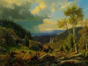 Mittelgebirgslandschaft Mit Jagern (bohmerwald?)
