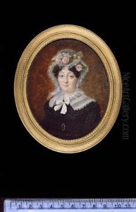Mme Favart (nee Justin Duronceray) Wearing Black Dress With White Lace Collar Tied With A Bow, Her Lace Bonnet Adorned With Pink Roses