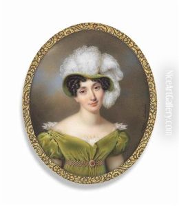 A Young Lady, In Green Dress And Green Hat Adorned With Ostrich Feathers by Sophie Lienard