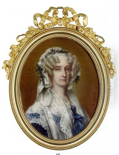 Marie-amelie, Queen Of The French, In Blue Dress With Deep Lace Collar, Blue Satin Bow Tied At Corsage, Four Strand Pearl Necklace, Blue Flowers, Foliage And Long Lace Veil In Her Curled Powdered Hair - view 1