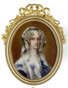 Marie-amelie, Queen Of The French, In Blue Dress With Deep Lace Collar, Blue Satin Bow Tied At Corsage, Four Strand Pearl Necklace, Blue Flowers, Foliage And Long Lace Veil In Her Curled Powdered Hair