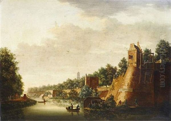 Vue D'une Ville Fortifiee Devant Un Canal - view 1