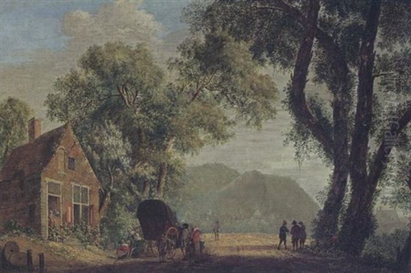 A Wooded Landscape With Travellers With Their Wagon Resting Near A Tavern - view 1