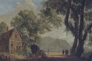A Wooded Landscape With Travellers With Their Wagon Resting Near A Tavern by Pieter Jan van Liender