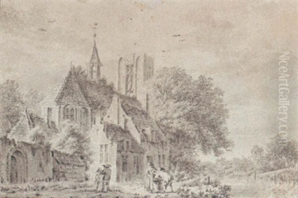 Figures By A Church, With A Stream To The Right - view 1