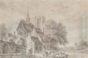 Figures By A Church, With A Stream To The Right by Pieter Jan van Liender