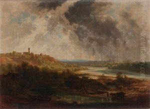 Isarlandschaft Bei Oberfohring Mit Blick Auf Munchen by Adolf Heinrich Lier
