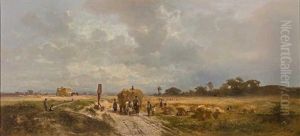 Erntelandschaft Bei Munchen Mit Zahlreichen Landarbeitern Und Hoch Beladenem Wagen by Adolf Heinrich Lier