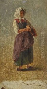 Bauernmadchen, Brot Abschneidend by Adolf Heinrich Lier