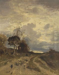 Herbstlandschaft Am Abend Mit Heimkehrender Schafherde by Adolf Heinrich Lier