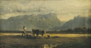 Pflugender Bauer In Voralpenlandschaft