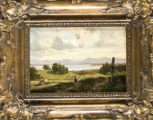 Bauern Bei Der Heuernte Am Starnberger See, Im Vordergr. Ein Flurkreuz Auf Das Eine Magd Mit Rechen Zugeht by Adolf Heinrich Lier