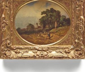 Strasse Am Hang Mit Feldkreuz Und Schafer Mit Herde by Adolf Heinrich Lier