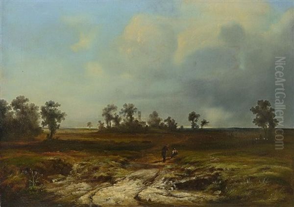 Weite Landschaft Mit Rastendem Bauernpaar Und Schafer - view 1