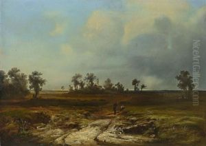 Weite Landschaft Mit Rastendem Bauernpaar Und Schafer by Adolf Heinrich Lier