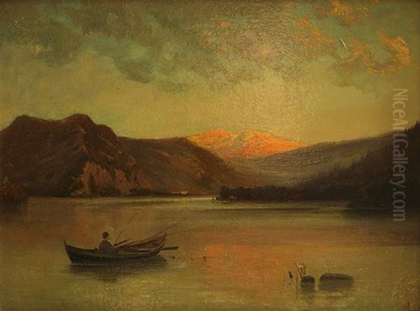 Angler Im Boot In Abendlicher Gebirgslandschaft Mit Sonnenuntergang - view 1