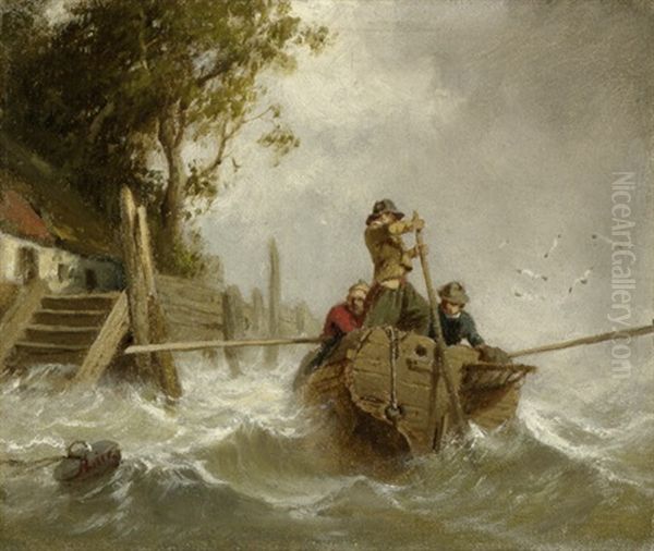 Drei Fischer In Einem Boot Auf Dem Aufgewuhlten Chiemsee - view 1