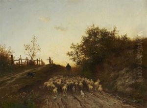 Schafer Mit Herde In Der Abenddammerung by Adolf Heinrich Lier
