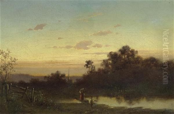 Flusslandschaft Mit Figuren Im Abendrot - view 1