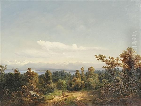 Starnberger See. Blick Von Der Ostseite Des Sees Von Einer Anhohe Bei Berg Aus Auf Die Alpen, Im Vordergrund Ein Jager Mit Seinem Hund - view 1