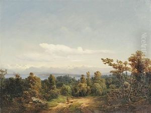 Starnberger See. Blick Von Der Ostseite Des Sees Von Einer Anhohe Bei Berg Aus Auf Die Alpen, Im Vordergrund Ein Jager Mit Seinem Hund by Adolf Heinrich Lier
