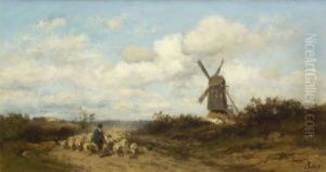 Schafer Mit Seiner Herde Bei Einer Windmuhle