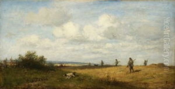 Huhnerjagd. Jager In Weiter Landschaft Auf Der Feldhuhnjagd - view 1