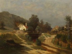 Sommerlandschaft Mit Einer Bauerin Auf Dem Holzsteg Uber Den Bach