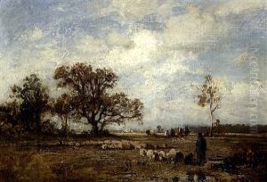 Schafer Mit Seiner Herde In Weiter Moorlandschaft