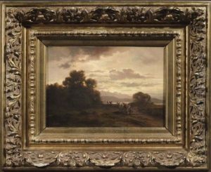 Oberbayrische Gebirgslandschaft Mit Zwei Bauern Im Abendlicht by Adolf Heinrich Lier