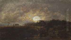 Hirte Mit Schafen In Mondscheinlandschaft by Adolf Heinrich Lier
