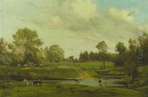 Sommerlandschaft Mit Weidendem Vieh Auf Der Von Baumen Gesaumten Wiese by Adolf Heinrich Lier